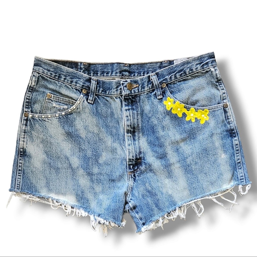 Wrangler Vintage 90's Medium Wash High-Waisted Distressed Floral Denim Shorts